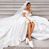 Ball Gown Off the Shoulder White Satin Wedding Dresses, Simple Cheap Wedding Gowns STI15065