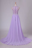 2024 See-Through Scoop A Line Sweep Train Prom Dresses With Applique PK7FYLPM