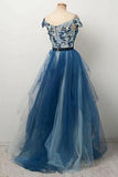 Blue Off the Shoulder Tulle V neck Cap Sleeve Beads Prom Dresses with Applique STI15080