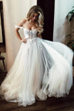 Unique Off The Shoulder Ivory Long Wedding Dress With Appliques Sweetheart Wedding STIPMJM4785