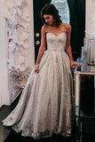 Sparkly Sweetheart Silver Long Prom Dresses Sequins Beads Formal Dresses STI15432