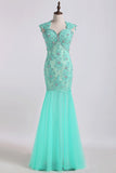 2024 Prom Dresses V Neck Mermaid/Trumpet Champagne With Applique&Beads Floor PPHXZ53Q