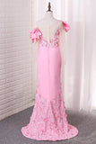 2024 Mermaid Elastic Satin Off The ShoulderWith Handmade Flower And Slit PQ22D5QX