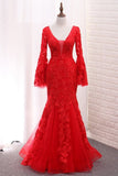 2024 V Neck Long Sleeves Tulle Evening Dresses Mermaid PSSDPZ4Z