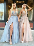 Gorgeous A Line Spaghetti Straps V Neck Beads Prom Dresses with STI20420