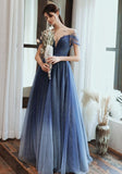 Charming A Line Blue Ombre Tulle Prom Dresses with Open Back, Evening STI15622