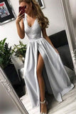 Front Split Sliver Lace Satin Long V-Neck Charming Elegant Prom Dresses PPZF54DX