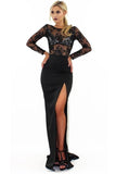 Lace Illusion Long Sleeves Prom Dress Black Sheath Backless Evening Dress PZGXYTCE