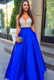 Sparkly V-Neck Silver And Royal Blue Long A-Line Prom Dresses PDRXTT1D