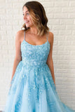 Unique A-Line Sky Blue Tulle Appliques Beads Scoop Prom Dresses with Lace STI20453