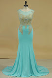 2024 Spandex Scoop Mermaid Prom Dresses With Applique Sleeveless PFR89TLC