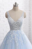 Princess Light Blue Long Ball Gown Lace Tulle Prom Dresses, V Neck Formal Dresses STI15297