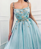 Elegant A Line Spaghetti Straps Tulle Scoop Prom Dresses with Appliques, Formal Dresses STI15512