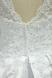 A Line Long Sleeves White Lace Appliques Satin Beads Open Back Wedding Dresses