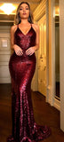 Modest Burgundy Mermaid Sequins Backless Long Prom Dresses