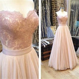 Sweetheart A-line Tulle Charming Lace Strapless Pink Sleeveless Backless Long Prom Dresses