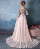 Scoop A-line Pink Chiffon with Silver Lace Appliqued Long 3/4 Sleeves Prom Dresses