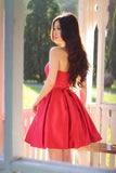 Sweetheart Simple Pleated Red Strapless Satin Party Dresses Short Homecoming Dresses