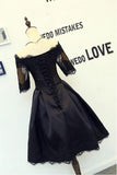 A Line Black Short Sleeves Off the Shoulder Lace Appliques Satin Homecoming Dresses