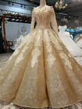 Ball Gown Gold Long Sleeves Lace Appliques Sequins Open Back Beads Quinceanera Dresses