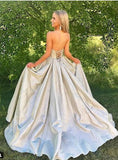 Princess A Line Strapless Sweetheart Lace up Satin Sleeveless Long Prom Dresses