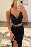 Mermaid Two Piece Black Sequin Tassle Evening Dresses