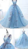 Ball Gown Long Sky Blue Butterfly V Neck Appliques Lace up Prom Quinceanera Dresses