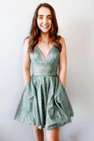 Sparkle Green V Neck Short Homecoming Dresses