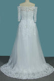 A Line White Off the Shoulder Half Sleeves Lace Appliques Tulle Wedding Dresses