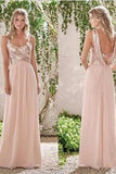 Rose Gold A-Line Spaghetti Straps Backless Sequins Chiffon Bridesmaid Dress