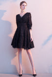 Black Deep V Neck Half Sleeves A Line Short Homecoming Dresses