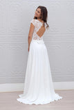 A Line Chiffon White Lace Appliques Cap Sleeve Open Back Scoop Long Wedding Dresses