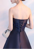 Navy Blue Beads Appliques Strapless A-Line Lace up Homecoming Dress Graduation Dress