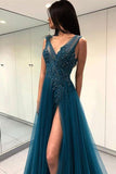 A Line Green V Neck Tulle Open Back Lace Beads Sleeveless Evening Prom Dresses