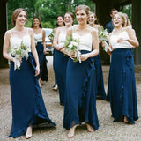 A-Line Spaghetti Straps Dark Blue Chiffon Bridesmaid Dresses With Ruffles Sweetheart