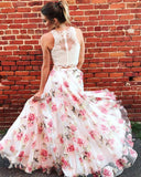 Two Piece High Neck Floral Long Lace A Line Sleeveless Graduation Prom Dresses