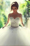 White Sheer Long Sleeves Beaded Sweetheart Crystals Ball Gown Corset Tulle Wedding Dresses