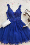 Cute A Line V Neck Chiffon Beads Royal Blue Short Homecoming Dresses with Appliques