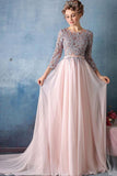 Scoop A-line Pink Chiffon with Silver Lace Appliqued Long 3/4 Sleeves Prom Dresses