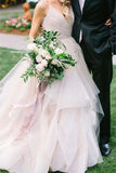 Ball Gown Spaghetti Straps V Neck Backless Asymmetrical Pink Long Wedding Dresses