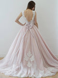 A Line Nude Tulle Pink Lace Appliqued Ball Gown Lace up Beach Wedding Dresses