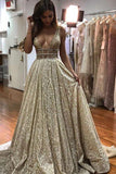 Elegant Sparkly V Neck Open Back Sequin Shiny Long Sleeveless Prom Dresses