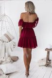 Chic Halter Backless Burgundy Chiffon Off the Shoulder Homecoming Dress with Ruffles