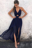 Simple A-Line Halter Floor Length Backless Navy Blue Chiffon Prom Dresses