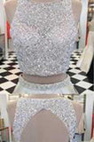 Stunning White Satin Two Pieces Sequins Rhinestone Round Neck A-line Prom Dresses