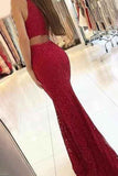 Charming New Arrival Mermaid Round Neck Dark Red Lace Prom Dresses