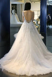 Elegant White A-Line Scoop Neck Tulle Backless Sleeveless Appliques Wedding Dress