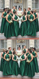 A-Line Round Neck Floor Length Hunter Green Satin Bridesmaid Dress Long Prom Dresses