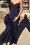 Simple Sweetheart Navy Blue Mermaid Prom Dress with Sash Sweep Train