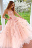 Lace Appliques Pink A LineTulle Long Prom Dresses With Straps